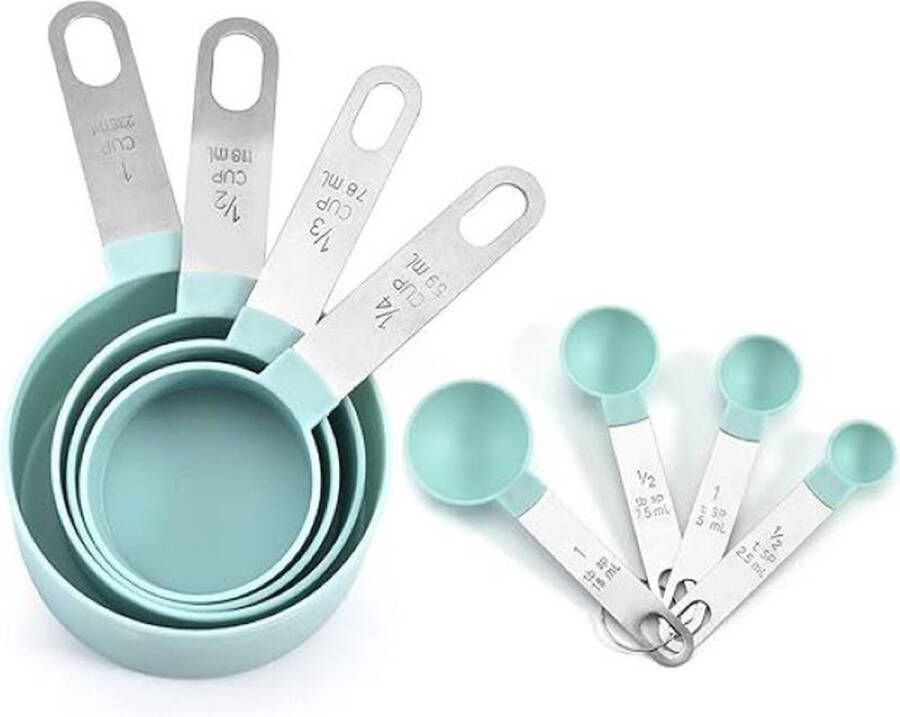 Olymajy 8 stuks blauwe hoogwaardig roestvrij-staal en kunststof maatbekers en lepels keuken kookgerei voor vloeistoffen en vaste stoffenBaking Measuring Cup Tools Measuring Spoons