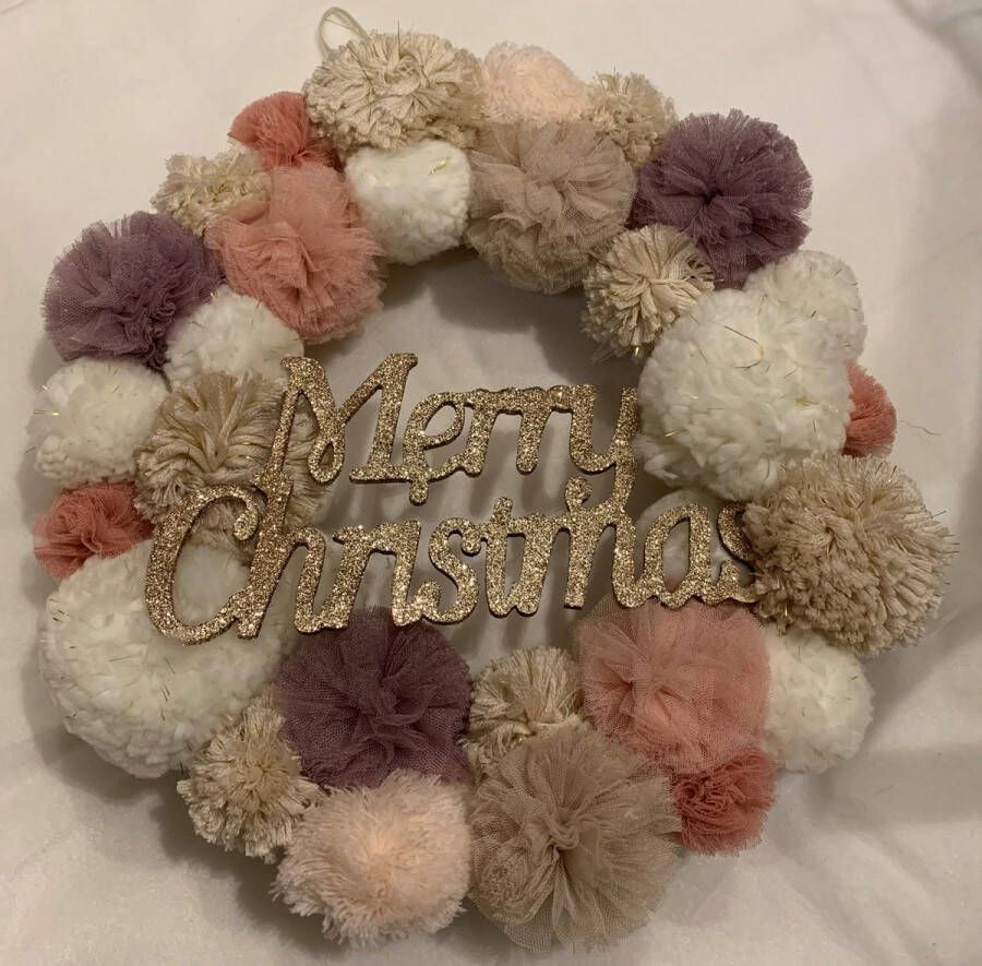 O'Malley Decorations Laatste stuks !!!! Kerst Krans Merry Christmas 40cm Pompom Mauve 40cm Roze Wit Paars Lila hangend met haakje