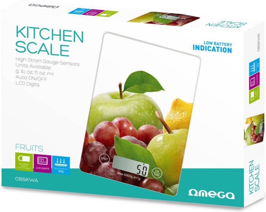 Omega Keukenweegschaal fruit 2x AAA (niet inbegrepen) max 5kg nauwkeurigheid: 1g auto on off