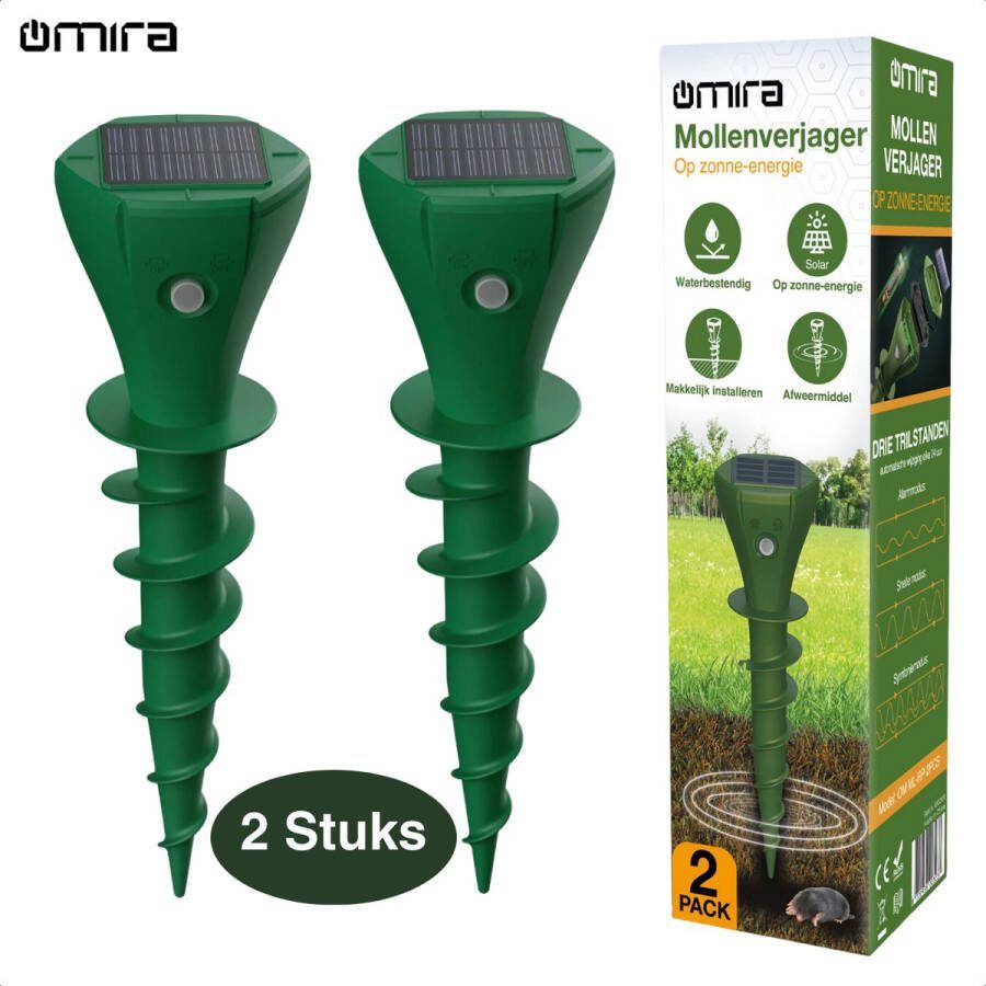 Omira Mollenverjager op Zonne Energie – 2 Stuks – IP65 Waterdicht – Mollenbestrijding – Diervriendelijke Methode Ongedierte verjager – Mollen Verjager – Vervanger voor Mollengranulaat – Mollenverjager op Batterijen – Mollenverjager solar