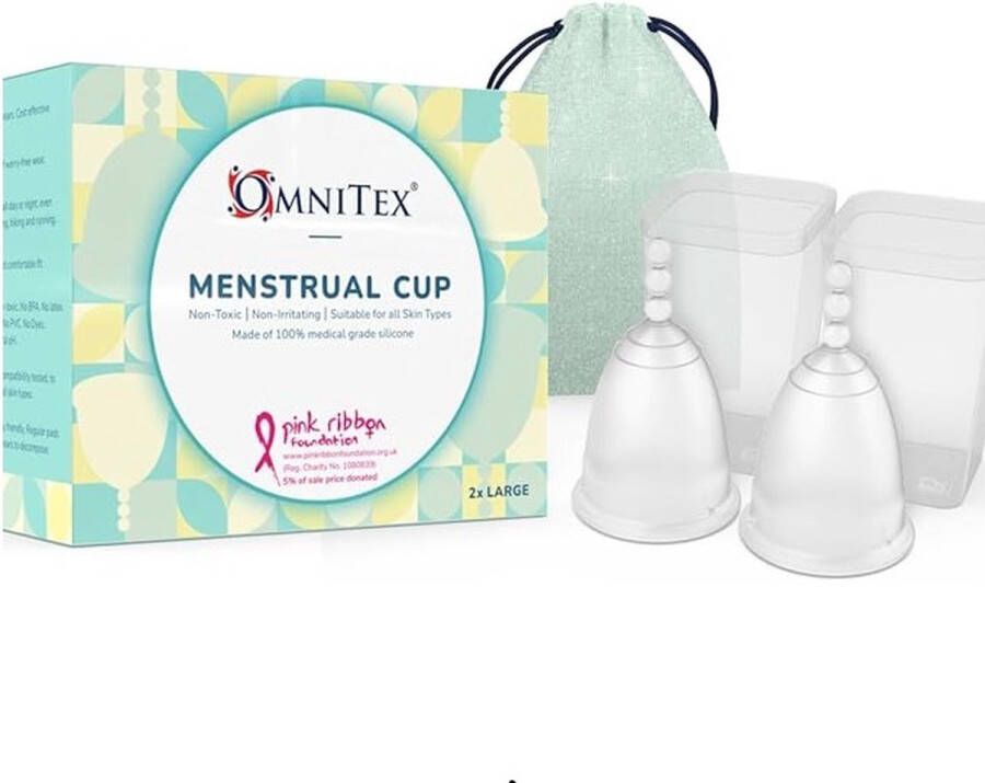 Omnitex 2 stuks menstruatiecups maat L 100% pure siliconen van medische kwaliteit Veilig milieuvriendelijk alternatief voor tampons en maandverband Niet-giftig ISO10993 getest BPA- en latexvrij