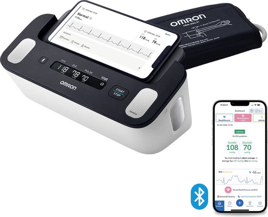 Omron COMPLETE – Smart Bloeddrukmeter Bovenarm – Aanbevolen door Hartstichting ECG Monitor Klinisch Gevalideerd met Mobiele App – XL Scherm Display 22 tot 42 cm Manchet – 5 jaar Garantie – Bloeddrukmeter Hartslagmeter ECG-meter in één