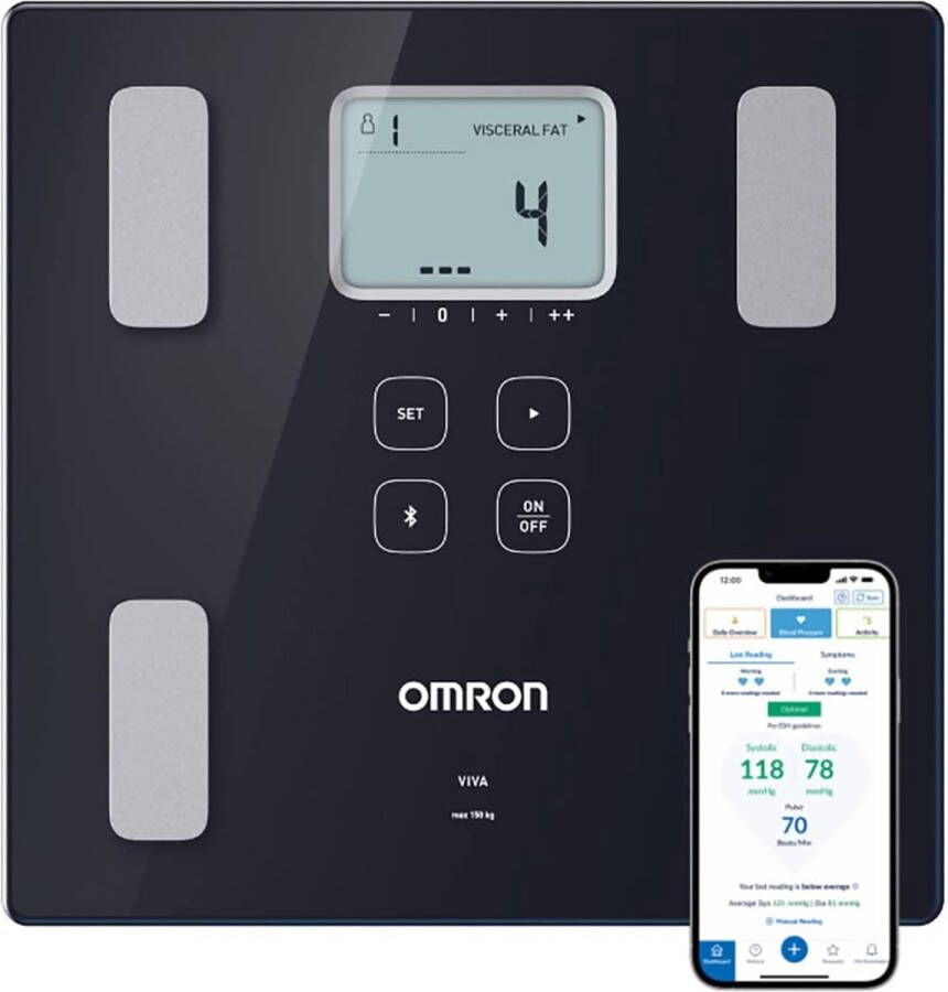 Omron VIVA Slimme Bluetooth Weegschaal met Lichaamsanalyze en Vetpercentage Volledige Bio-Elektrische Impedantie Analyze (BIA) Smart Personenweegschaal Digitaal Smart Scale met Mobiele App Klinisch Gevalideerd – Zwart