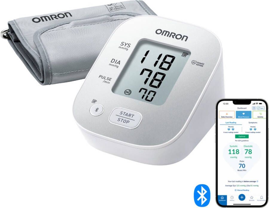 Omron X2 Smart Bloeddrukmeter Bovenarm Blood Pressure Monitor met Hartslagmeter – Onregelmatige Hartslag met Mobiele App 22 tot 32 cm Manchet 5 jaar Garantie