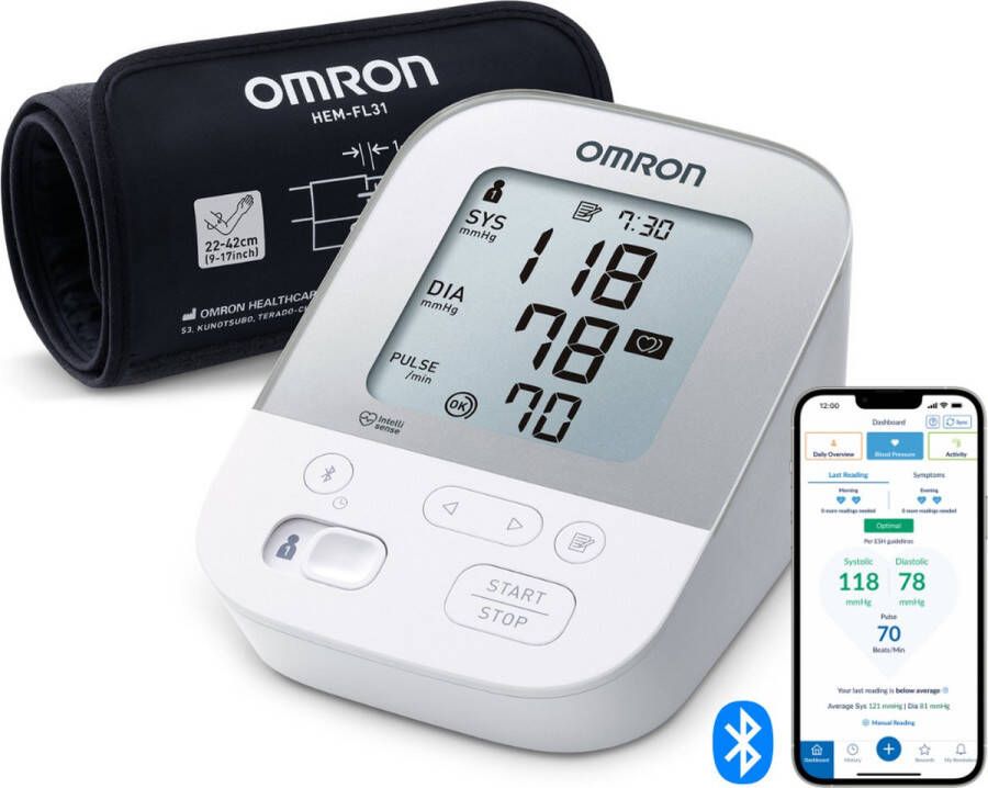 Omron X4 Smart Bloeddrukmeter Bovenarm Aanbevolen door Hartstichting Blood Pressure Monitor met Hartslagmeter – Onregelmatige Hartslag Klinisch Gevalideerd met Mobiele App 22 tot 42 cm Manchet – 5 jaar Garantie