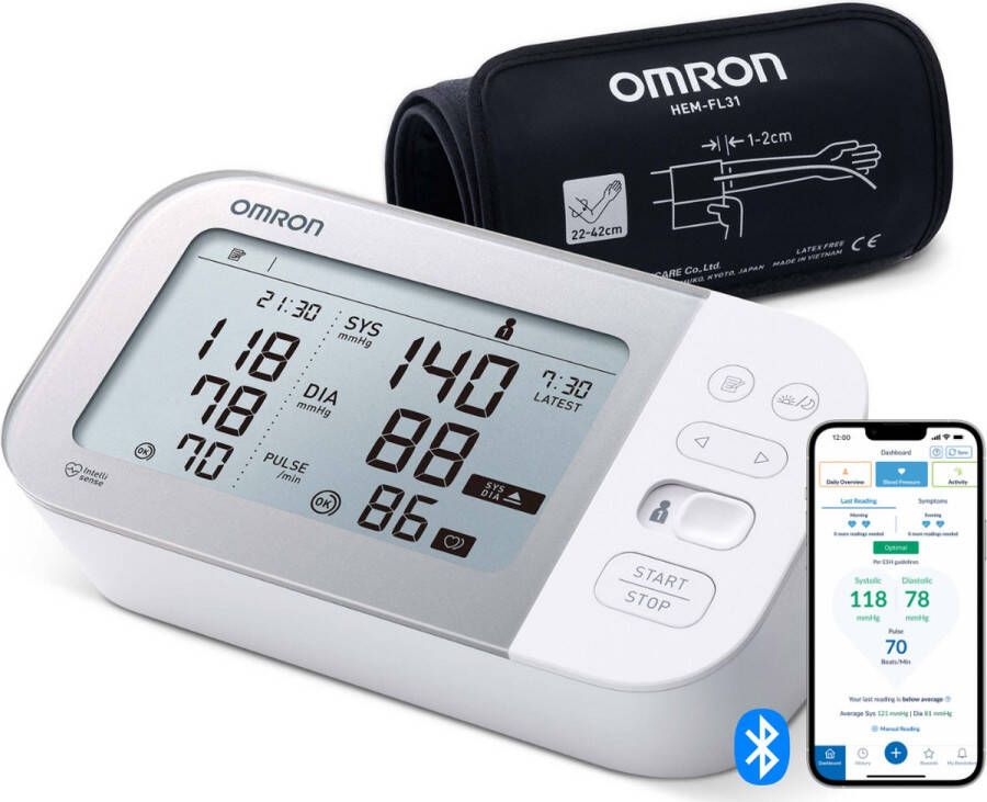 Omron X7 Smart Bloeddrukmeter Bovenarm Aanbevolen door Hartstichting Blood Pressure Monitor met Hartslagmeter – Onregelmatige Hartslag Klinisch Gevalideerd met Mobiele App 22 tot 42 cm Manchet XL Display Scherm – 5 jaar Garantie