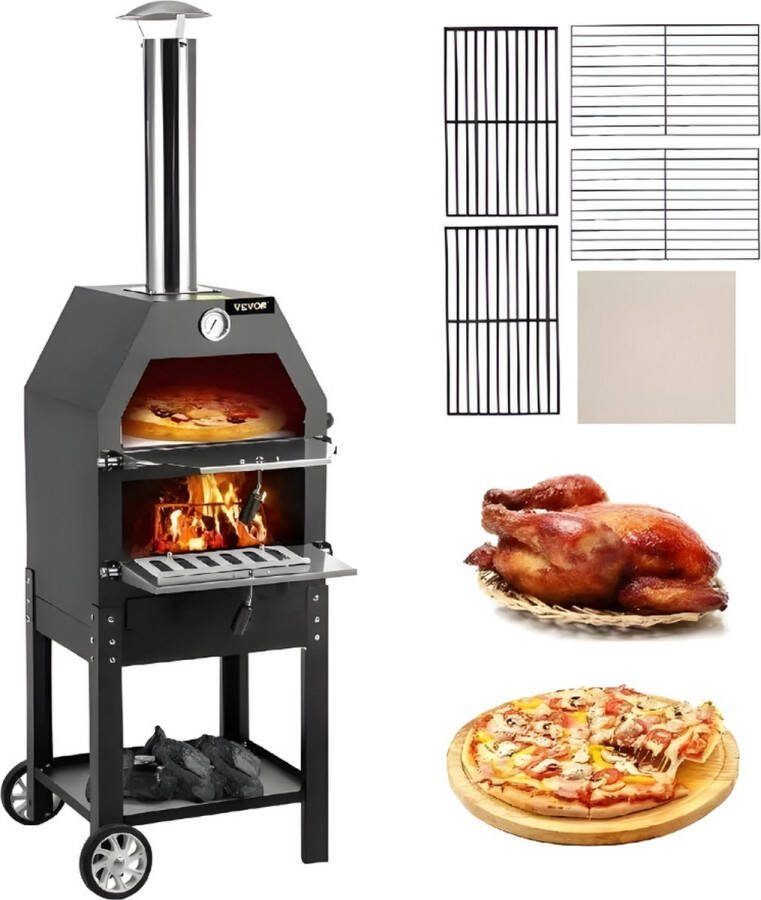 Onderweg online Luxe BBQ Pizza oven 2-in-1 Houtoven Pizzasteen Houtskool BBQ 45.8x46.4x141.8 cm