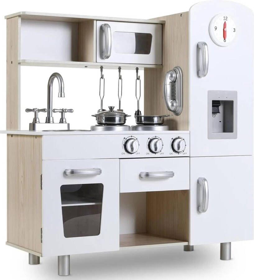 One Stop Shop KinderKeukentje XL Speelgoed Houten speel keuken kinderkeukentje Speelkeuken Met accesoires Pannen Keukengerei Set speelkeukentjes en toebehoren Koken keukenset kinderen Hout Wit