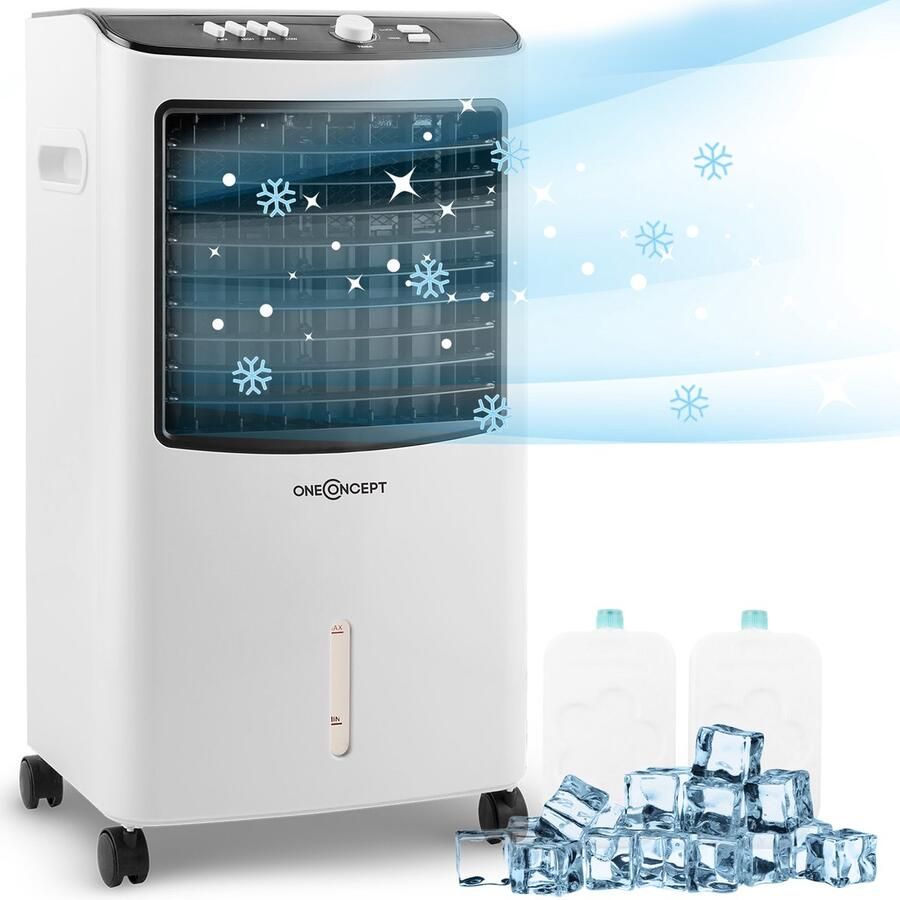 OneConcept 65W Luchtkoeler Met Waterkoeling- 3-In-1 Verdampingskoeler- Luchtbevochtiger & Ventilator- Mobiele Airco- Luchtkoeler Met 7L Tank- Stille Aircooler Met Wieltjes- 2 Koelelementen- 360 M³ H