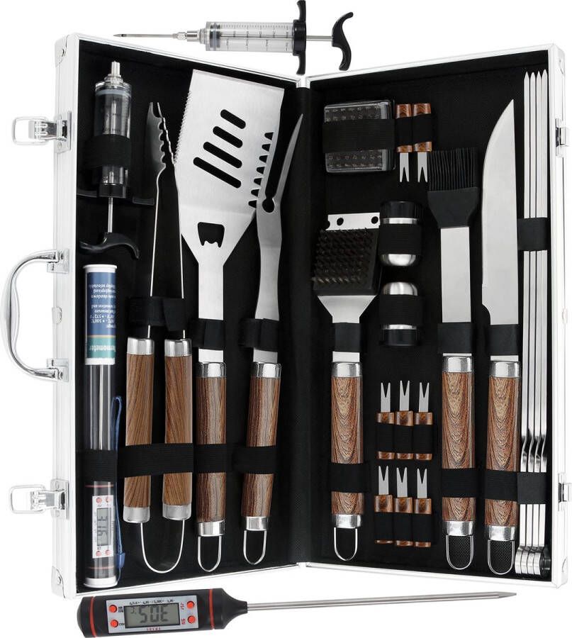 Oneiro 's 23-Delige PRO BBQ Gereedschap Accessoires Set + koffer Barbecue Gereedschapset Tangenset Accesoires Roestvrij Staal zomer BBQ koken tafelen