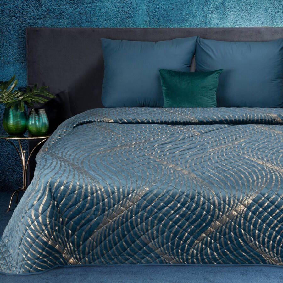 Oneiro s luxe BLANCA Type 1 Beddensprei Blauw Goud 230x260 cm – bedsprei 2 persoons beige – beddengoed – slaapkamer – spreien – dekens – wonen – slapen
