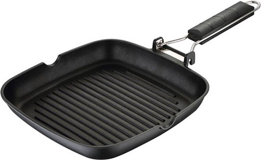 Oneiro s Luxe Grillpan met Inklapbaar Handvat – ø24 x H 3 7cm – koken – tafelen – keuken – koekenpan – inductie – gas – potten – pannen