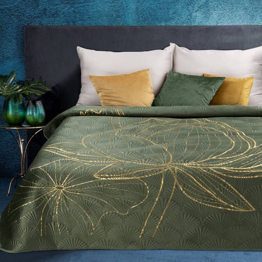Oneiro s luxe LOTOS Beddensprei Groen 170 x 210 cm – bedsprei 2 persoons beige – beddengoed – slaapkamer – spreien – dekens – wonen – slapen
