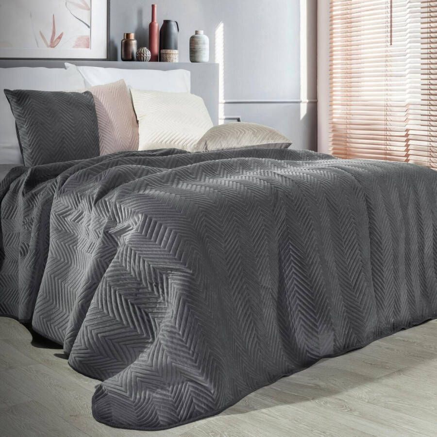 Oneiro s luxe SOFIA Beddensprei Donkergrijs 170x210 cm – bedsprei 2 persoons donkergrijs – beddengoed – slaapkamer – spreien – dekens – wonen – slapen