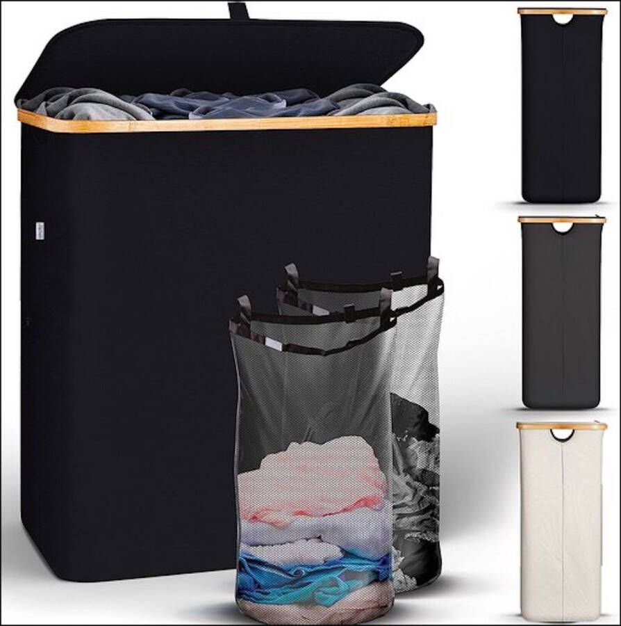 Oneiro 's Luxe Wasmand PRO 140 L Zwart opvouwbaar L38 x B57 x H67 cm wasmand met 2 vakken wasmanden wassorteerder