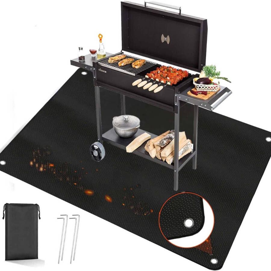 Onirique Bbq Beschermmat -Vierkante vuurkorf Mat Vertragende Absorberende olie Vuurkorf Matten voor onder Vuur Pit Herbruikbare en Waterdichte BBQ Vloerbeschermingsmat met Gaten en Vloernagels met Opbergtas (106 x 190 cm)