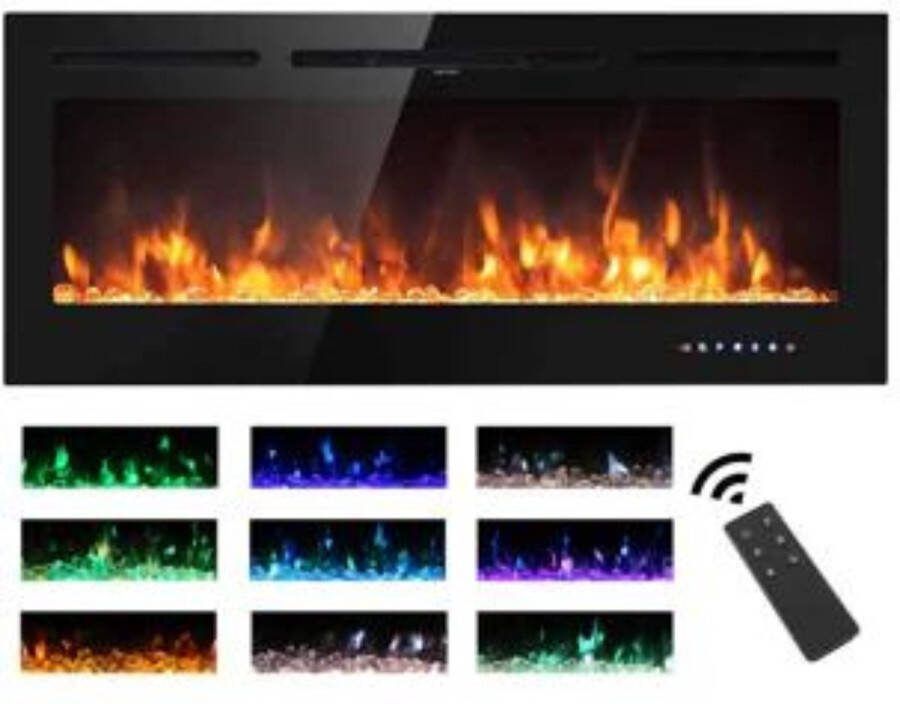 Wandhaard Elektrische Openhaard Touchscreen Glas Panel Kleurrijke Vlam Insert Wandmontage Heater Afstandsbediening met Crystal & Log Set 900 1800W (102 cm zwart)