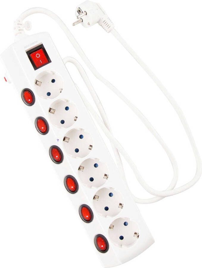 Onlex TAFELCONTACTDOOS 6 VOUDIG MET ELKE CONTACT EEN SCHAKELAAR WIT 1.5 METER KABEL 6 GEAARDE CONTACTEN 7 SCHAKELAARS VERLENGSNOER