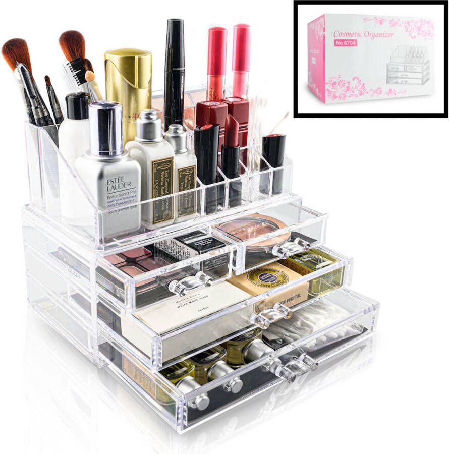 Decopatent XL Make up Organizer met 16 Vakken & 4 Lades Makeup Organizer Transparant Sieraden Make-up Cosmetica Opbergdoos
