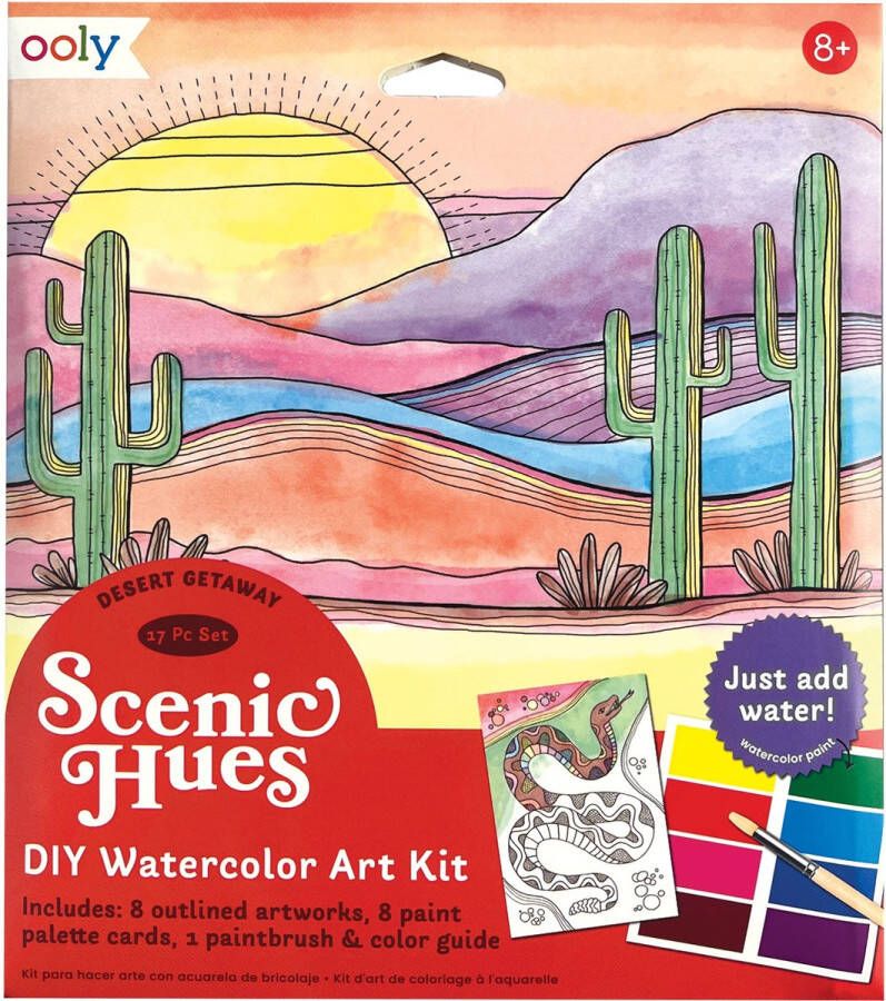 Ooly Scenic Hues DIY Watercolor Art Kit Desert Getaway Aquarel Kunst Kit De Set Bevat 8 Verschillende Aquarelbriefkaarten 8 Verfkleuren 1 Verfkwast En Kleurengids Een Woestijnlandschap En Wilde Dieren Als Thema Geschikt Vanaf 8 Jaar