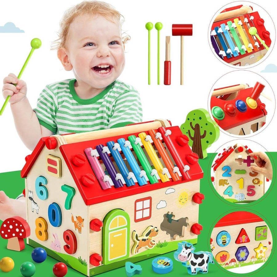 Ophy Educatief speelgoed 6 in 1 houten plug-in huis Montessori leerspeelgoed xylofoon kinderspeelgoed (xylofoon spelen hameren vormen combineren cijfers identificeren vormblokken) uitgebreide vaardigheden bevorderen