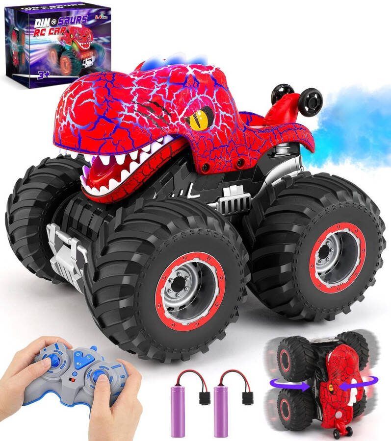 Ophy RC Auto Afstandsbediening Dinosaurus Monster Truck Speelgoed 2.4GHz 4WD (1-delig All Terrain RC Auto Met Spuitnevel) 360° Roterende Stunts Muziek En LED Verlichting Voor Kinderen Vanaf De Leeftijd Van Drie Jaar