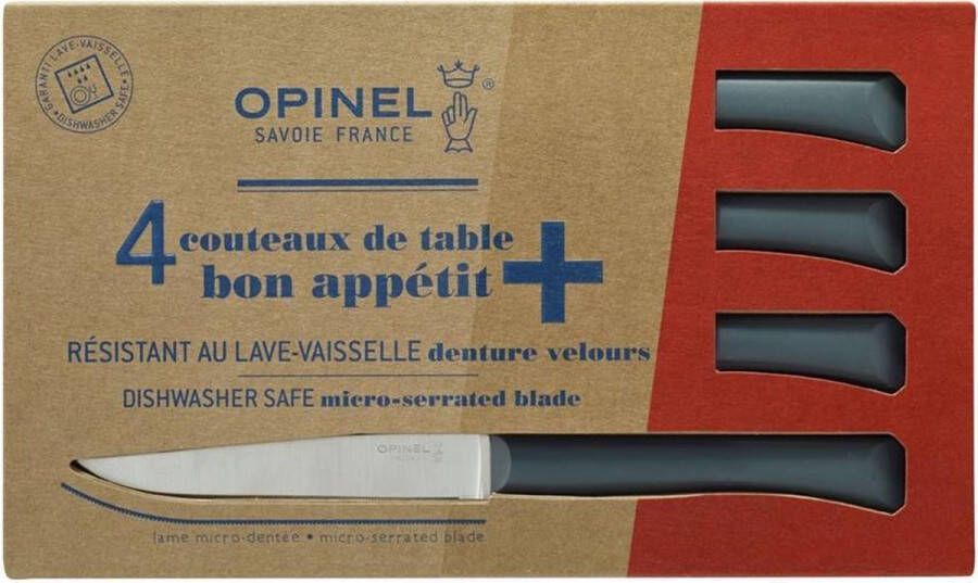 Opinel N°125 Bon Appétit+ Grey Tafelmessenset 4-delig Grijs Microkarteling RVS Steakmes