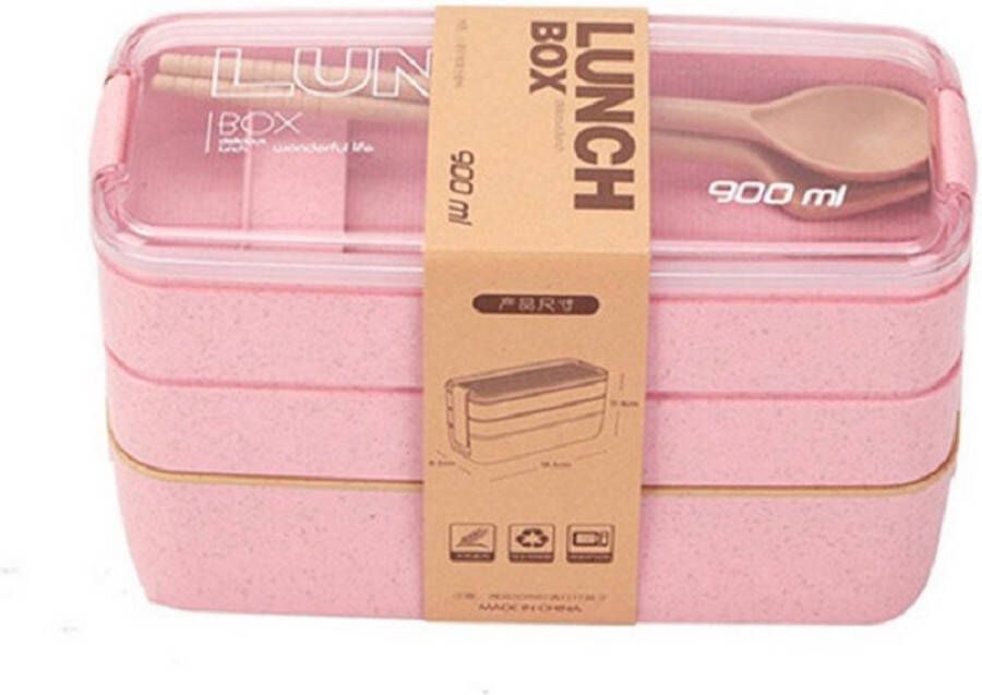 Opline Bento Lunchbox Lunchtrommel 900ml 3 laags inclusief bestek Roze
