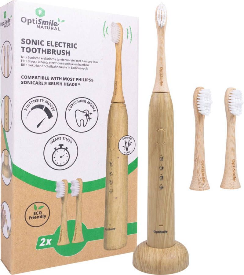 Optissmile naturel Optismile Natural Elektrische Tandenborstel met Bamboe-look Met 2 Gratis Bamboe Opzetborstels 4 Poetsstanden 3 Intensiteitsniveaus Ingebouwde timer