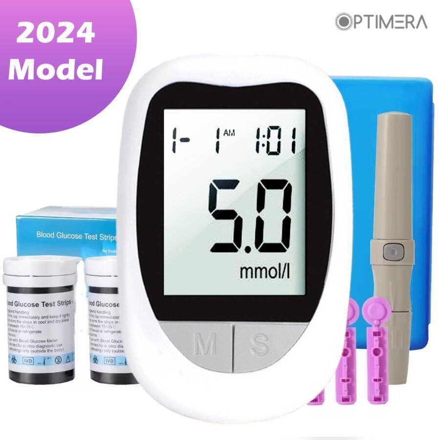 Optimera Glucosemeter Bloedsuikermeter Incl. 50 Test Strips en 50 Lancetten Bloedglucosemeter Diabetes Meter Startpakket (Model KH-100) Volledige Set