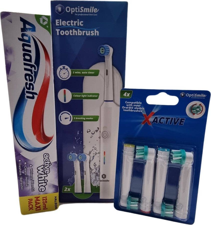 Optismile Elektrische Tandenborstel met Timer Incl. 2 Opzetstukken plus 4 extra opzetstukken 1x Aquafresh tandpasta Geschikt voor Oral-B Opzetborstels Ideaal voor op Reis Wit Starterspakket