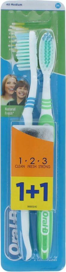 Oral B Oral-B 1.2.3 Natural Fresh Duo Pack Tandenborstel 40 Medium Blue-Green