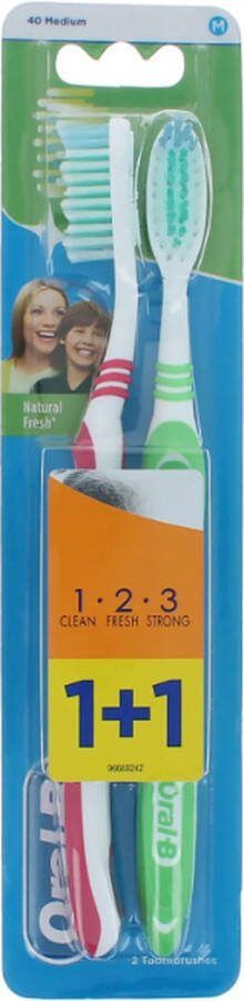 Oral B Oral-B 1.2.3 Natural Fresh Duo Pack Tandenborstel 40 Medium Pink-Green