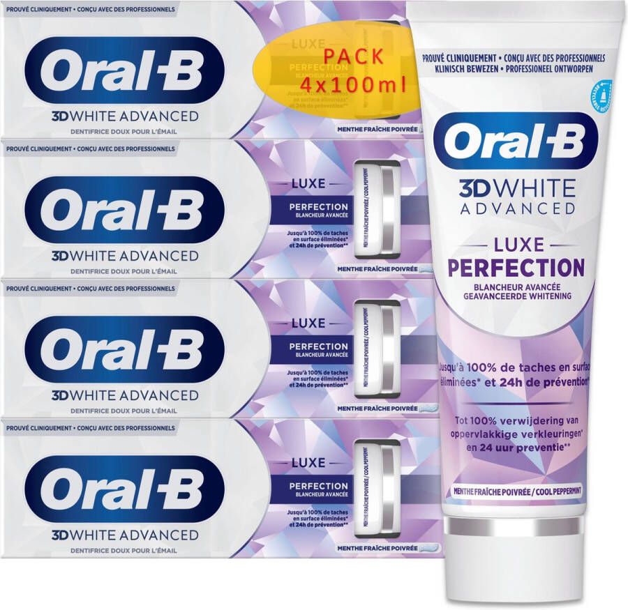 Oral B Oral-B 3D White Luxe Perfection Tandpasta 4x100ml verpakt in gerecycleerd karton