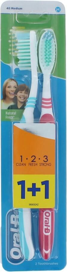 Oral B Oral-B 1.2.3 Natural Fresh Duo Pack Tandenborstel 40 Medium Pink-Light Blue