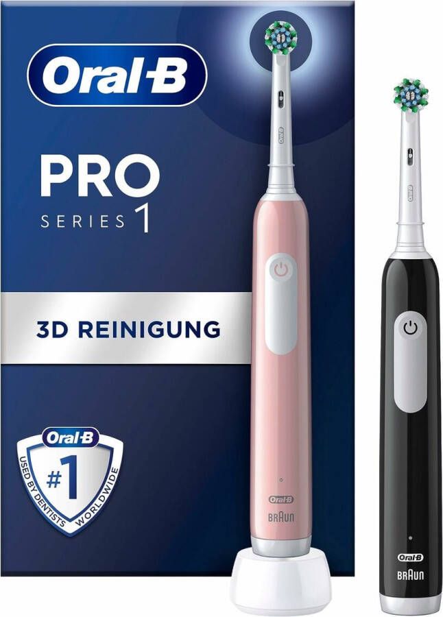 Oral-B Pro Series 1 set van twee roze en zwarte elektrische tandenborstels 2 opzetborstels ontworpen door Braun