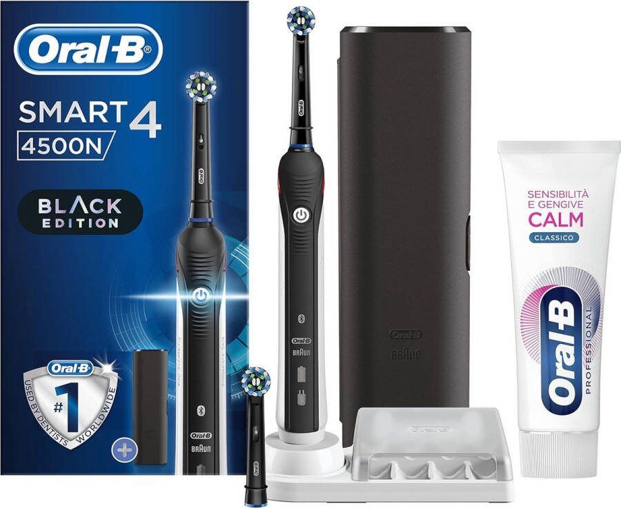 Oral B Oral-B Smart 4 4500 CrossAction Elektrische Tandenborstel Oplaadbaar 3 borstelmodi 2 borstelkoppen Premium Reisetui + Tandpasta Oral-B Sensitiviteit en tandvlees Zwart