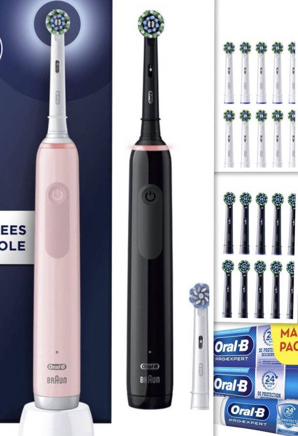 Oral B Pro 3 3900 Duo Groot startpakket Zwart en Roze Elektrische tandenborstel 20 x Cross Action Pro opzetborstels (10x zwart en 10 x wit) + 4x tandpasta