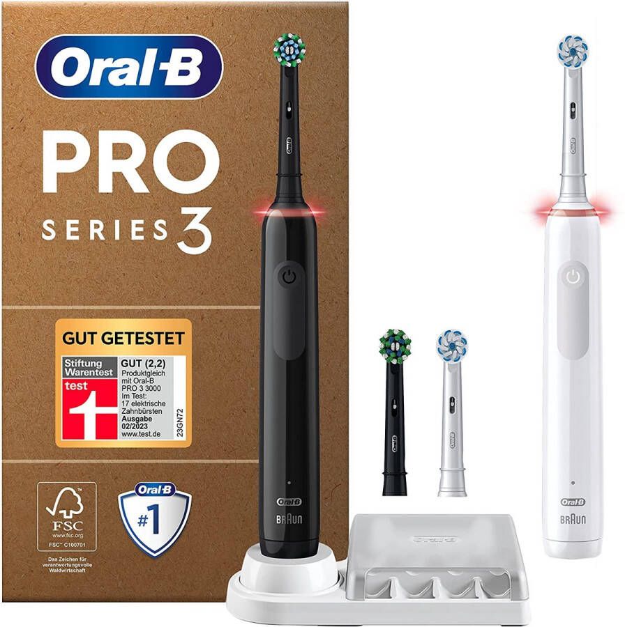 Oral B Oral-B Pro Series 3 Plus Edition 2 elektrische tandenborstels 4 opzetborstels met visuele 360° drukcontrole voor tandverzorging recyclebare verpakking ontworpen door bruin zwart wit