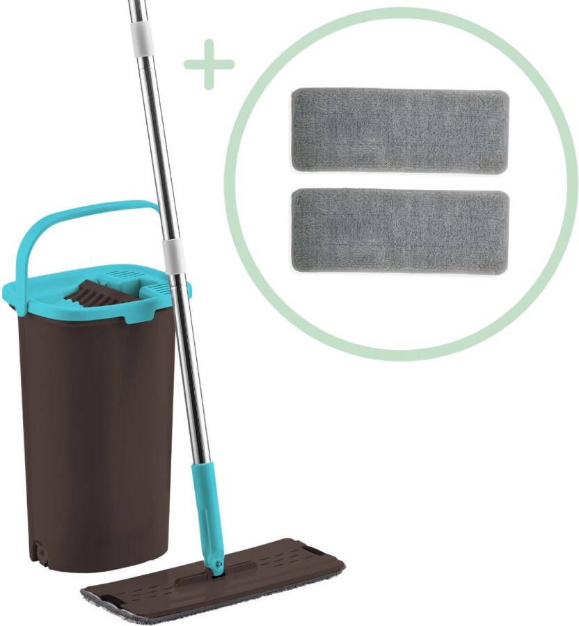 Orange Donkey Compact Flat Mop Platte Dweil met Zelfreinigend Dweilsysteem Vloerwisser met 2 extra Microvezeldoeken Dweilsysteem met wringer Emmer met Wringer Blauw Zwart 10L