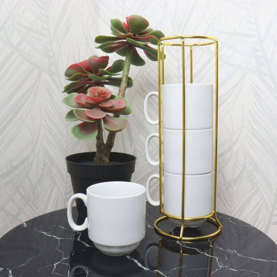 OTIX Koffiekopjes Theeglazen Met Oor Set van 4 Mokkenrek Mokken met Gouden Houder 250ml Porselein