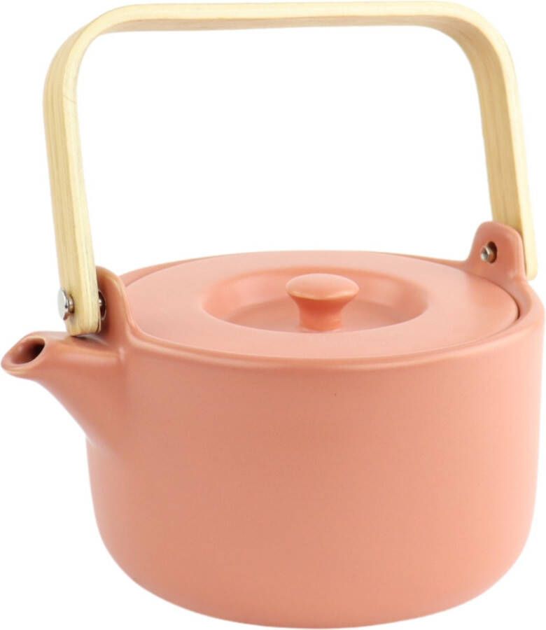 Orange85 Theepot Terracotta Kleur 80cl Aardewerk Roze Bamboe Handvat Met filter Warmtehoudend