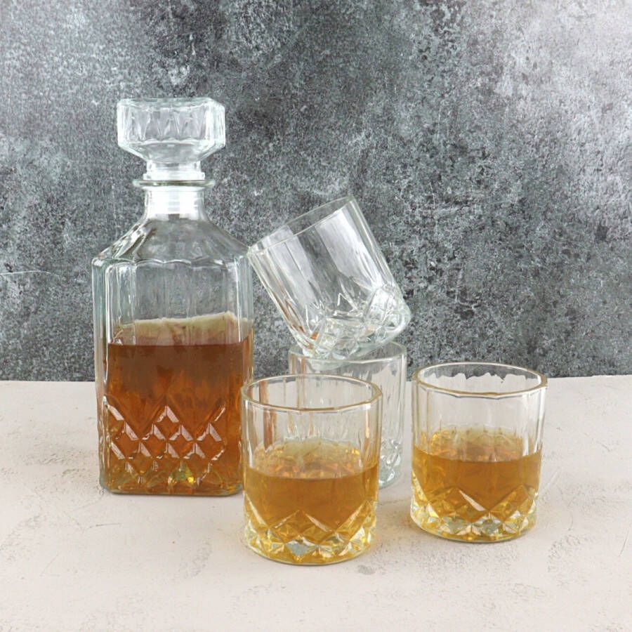 Orange85 Whiskey Karaf 4 Glazen 5- Delig Transparant 900 230 ml Glas Set
