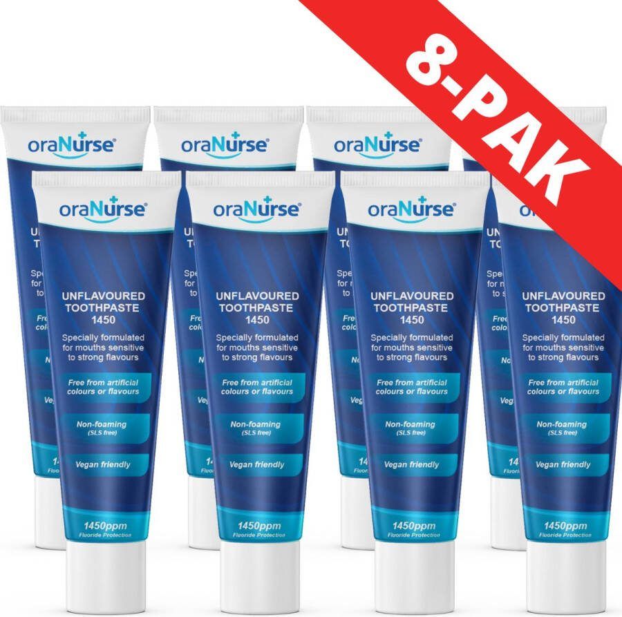 OraNurse smaakloze schuimloze Tandpasta 1450ppm Fluoride (voor volwassenen en kinderen vanaf 5 jaar) smaakloos schuimloos (8 PAK)