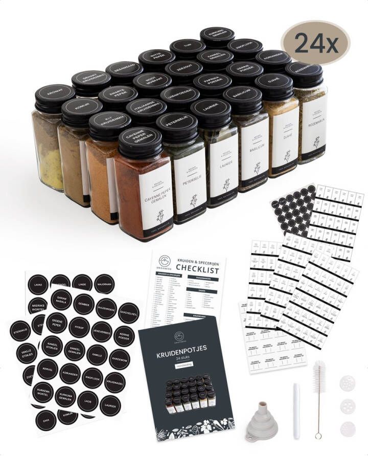 Organess 24 Kruidenpotjes – 3 Soorten Strooideksels – Kruidenstrooier – Compleet Pakket incl Kruidenpotjes Stickers Krijtstift en Accessoires – 120ml