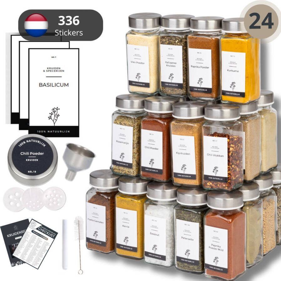 Organess 24 Kruidenpotjes RVS – 3 Soorten Strooideksels – Kruidenstrooier – Compleet Pakket incl Kruidenpotjes Stickers Krijtstift en Accessoires – 120ml