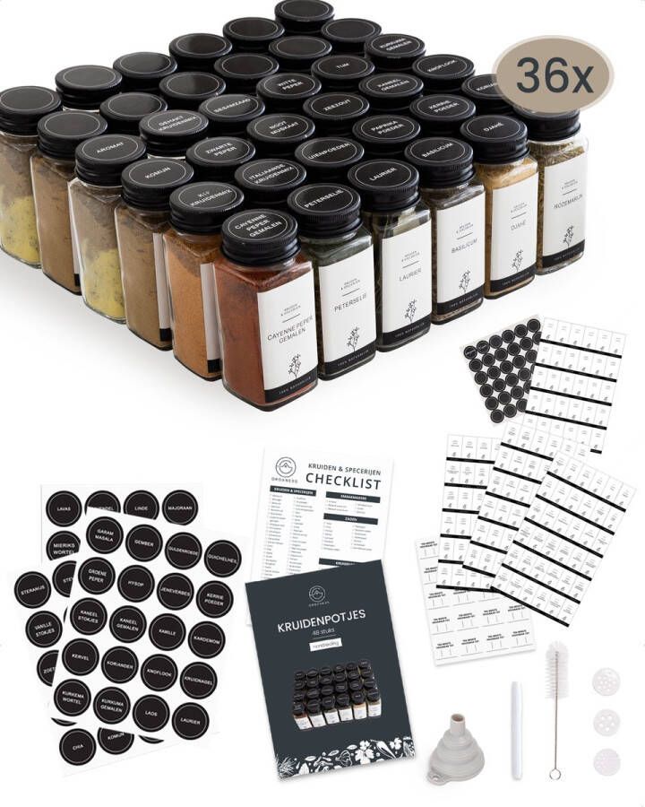 Organess 36 Kruidenpotjes – 3 Soorten Strooideksels – Kruidenstrooier – Compleet Pakket incl Kruidenpotjes Stickers Krijtstift en Accessoires – 120ml