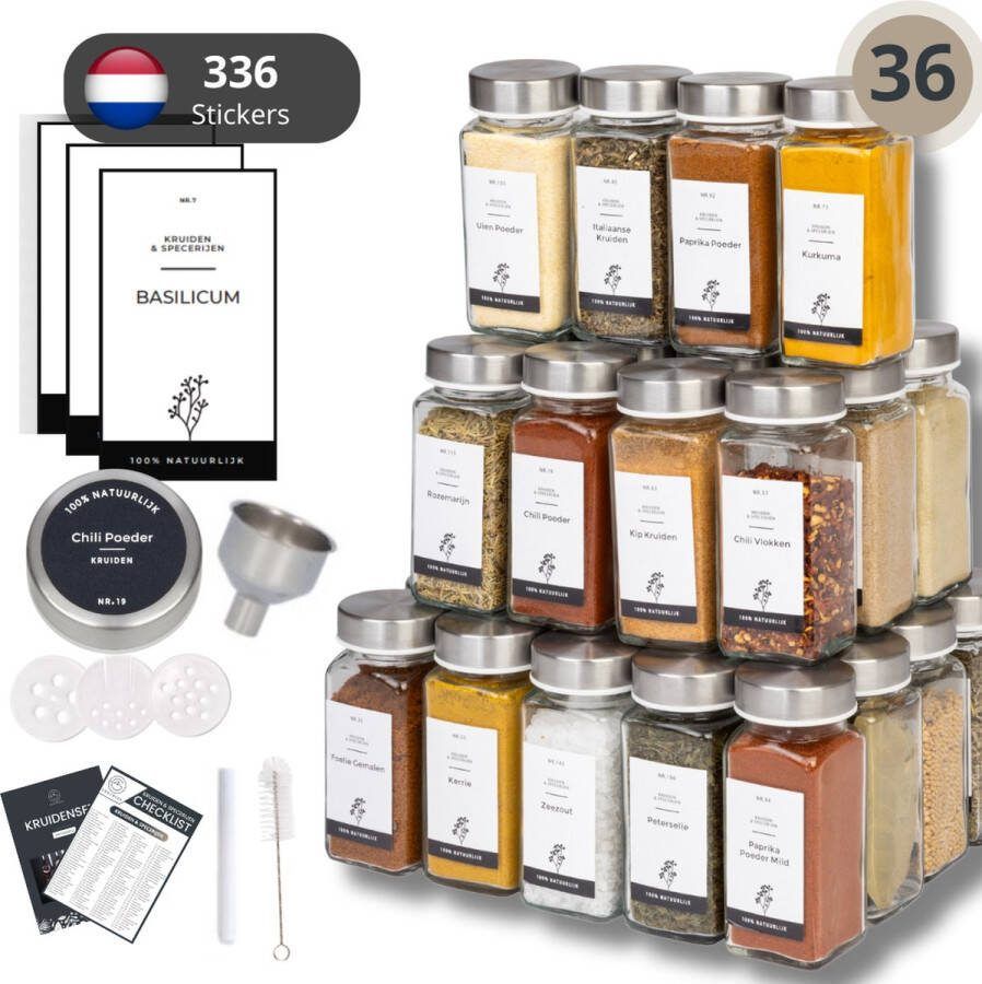 Organess 36 Kruidenpotjes RVS – 3 Soorten Strooideksels – Kruidenstrooier – Compleet Pakket incl Kruidenpotjes Stickers Krijtstift en Accessoires – 120ml
