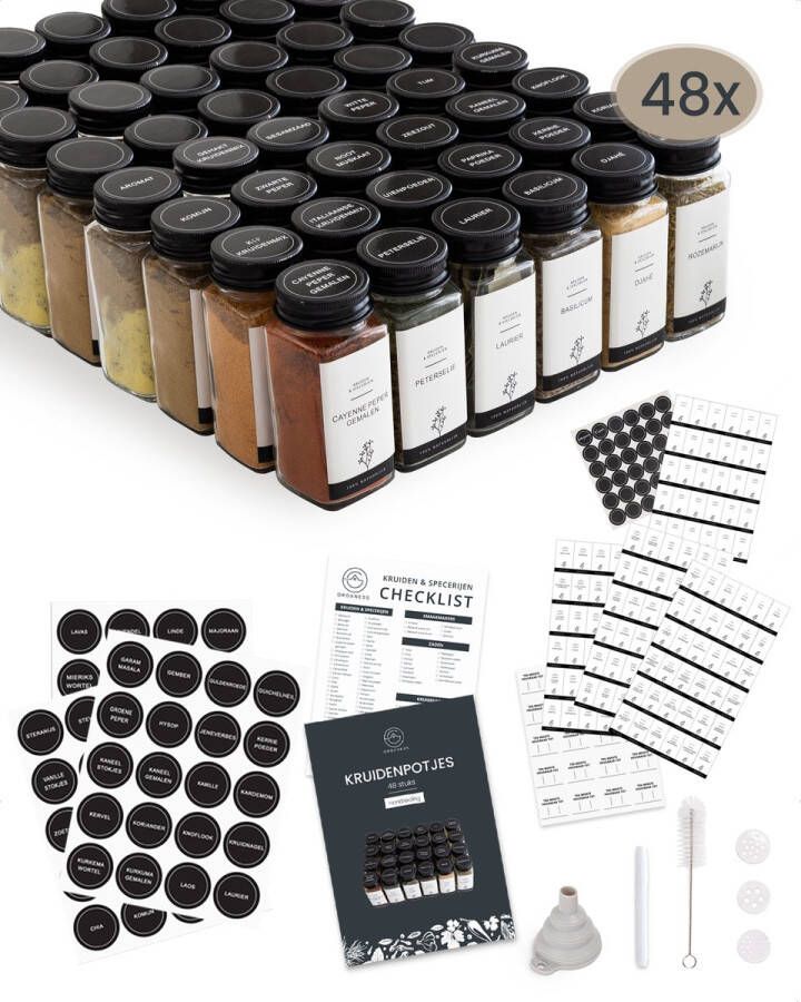 Organess 48 Kruidenpotjes – 3 Soorten Strooideksels – Kruidenstrooier – Compleet Pakket incl Kruidenpotjes Stickers Krijtstift en Accessoires – 120ml