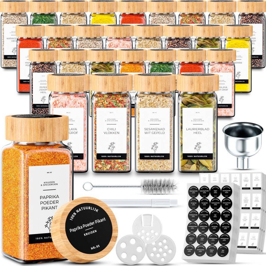 Organess 56 Glazen Kruidenpotjes Vierkant met Bamboe Deksel – 3 Soorten Strooideksels – Kruidenstrooier – Spice Jars – Complete Set incl Kruiden Stickers Krijtstift en Accessoires – 120ml